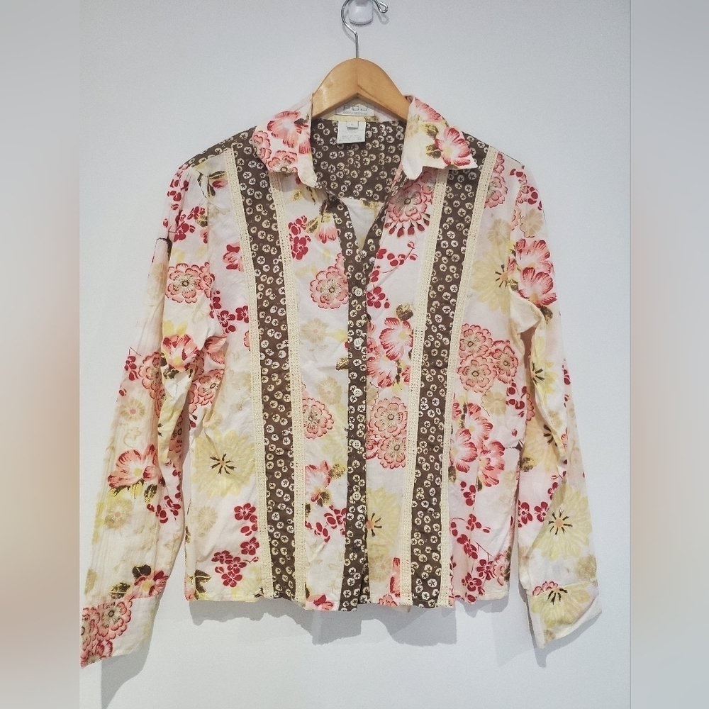 French Dressing Jeans Country Boho Western Floral striped cotton and lace top s6